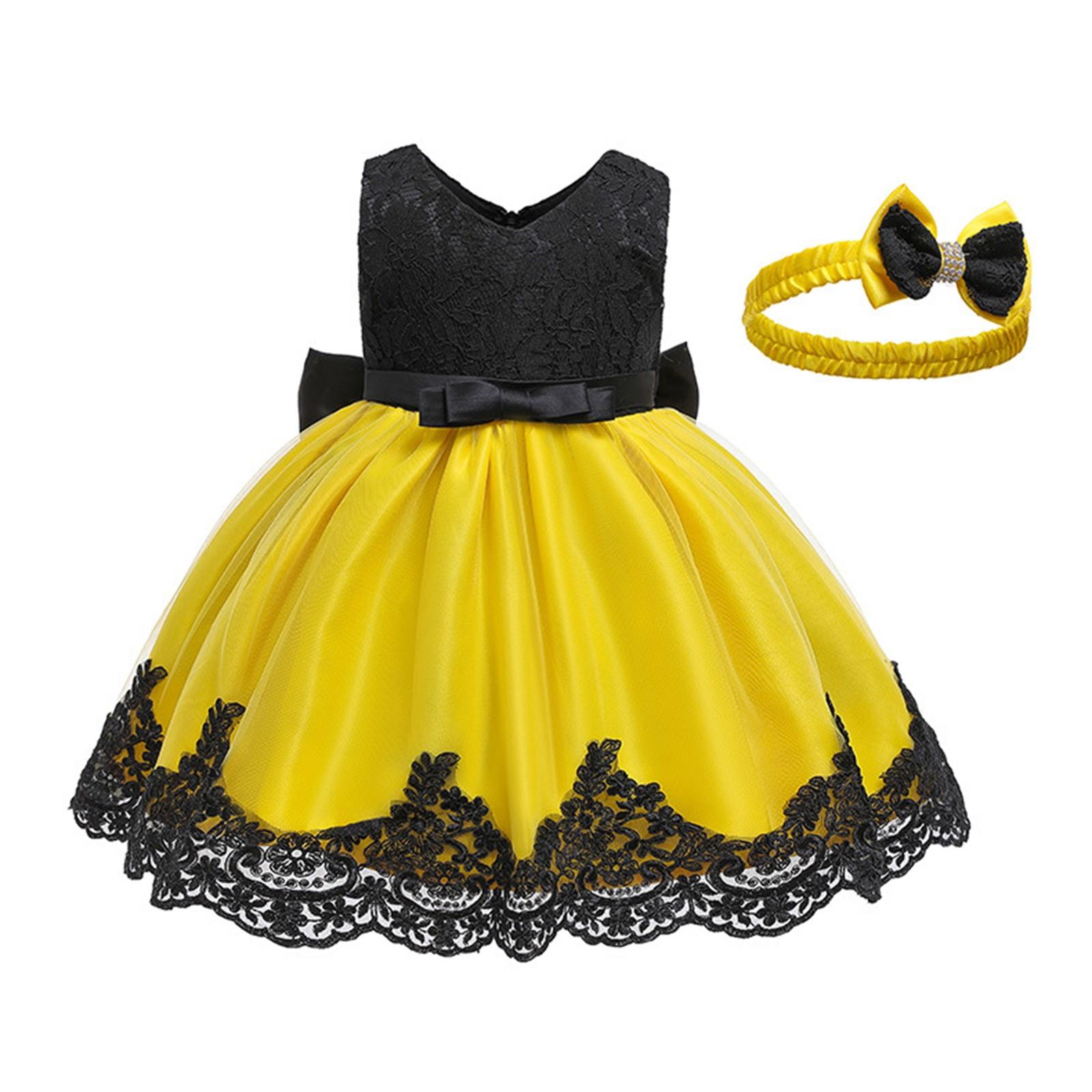 

Летнее детское платье принцессы с бантом на голове, платье помпадур, кружевное платье без рукавов 12M жёлтый