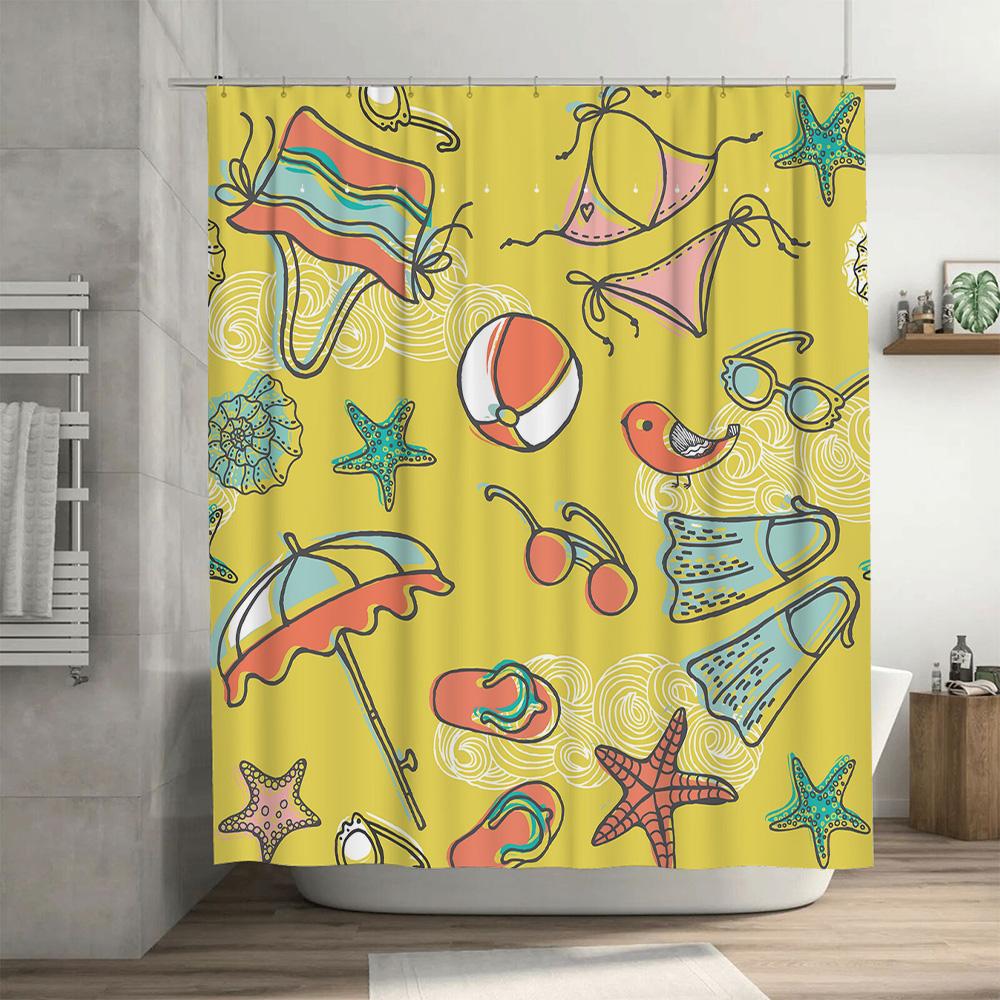 Summer-themed shower curtain with beach accessories perfect for adding a touch of fun to your bathroom