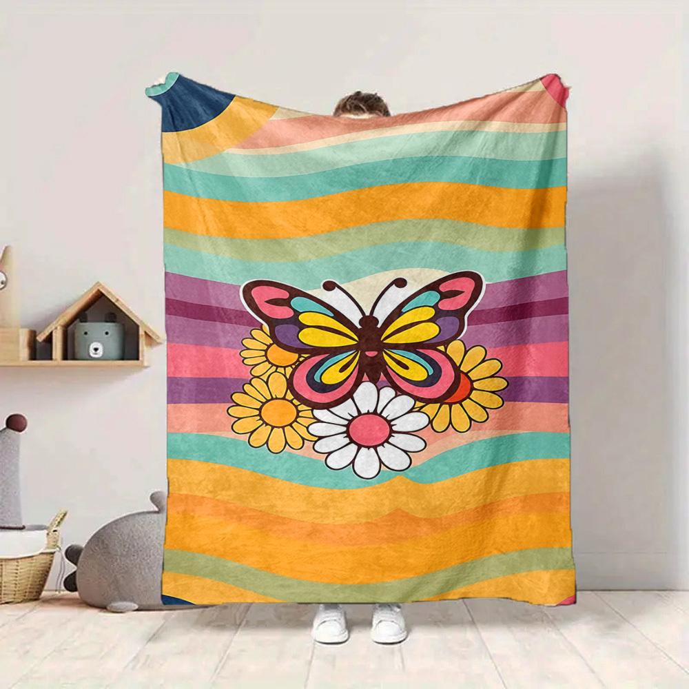 1pc Butterfly Flowers Lightweight Flannel Blanket, Comfortable and Warm Blanket, for Office and Camping Sofa Bed, Livingroom165