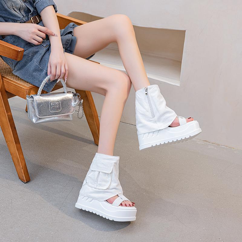 Trendy Brand Niche Women's Boots 2025 Summer New European and American Open-toed Sandals Muffin Thick-soled Denim Thin Trouser Boots