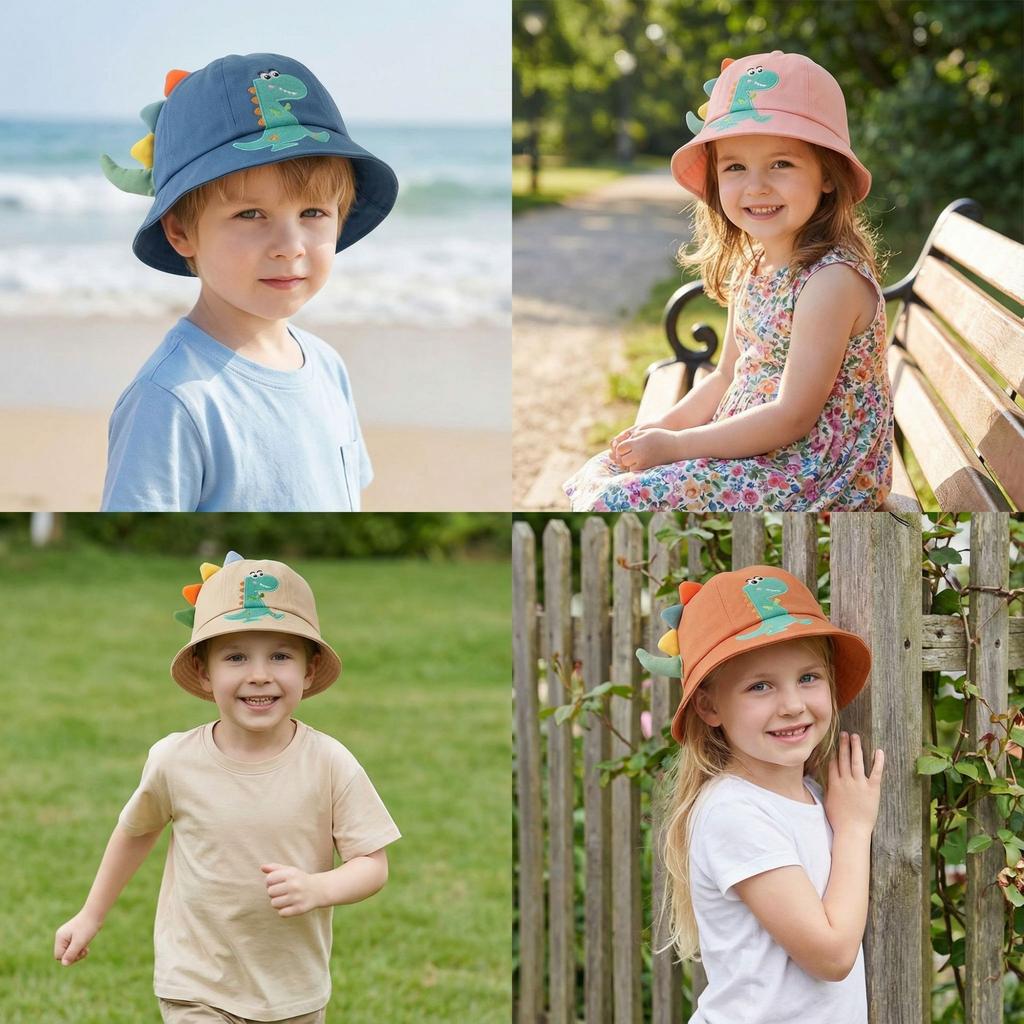 Cute and Adorable Little Girl Sun Hat - Dinosaur Style Children's Fisherman Hat - New Style for Summer and Spring - Boys' Sun Protection Hat
