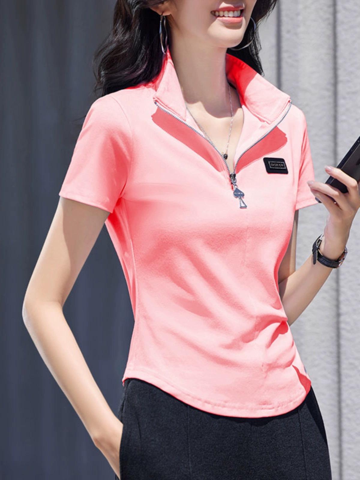 

Жіноча літня приталена бавовняна футболка 2024 року на блискавці з лацканами – модний тренд у корейському стилі