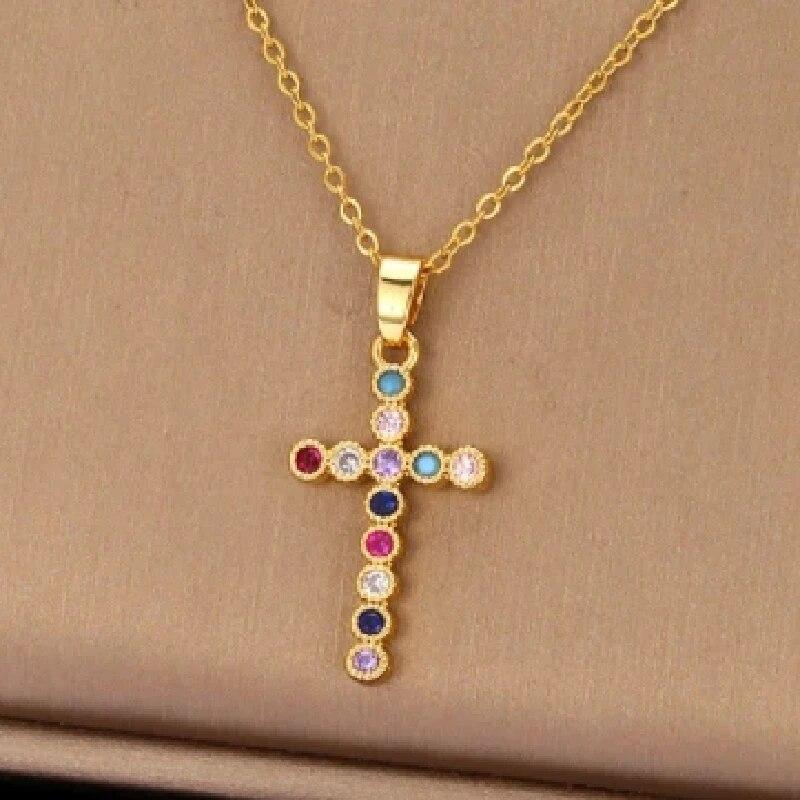 1 Pcs Luxury Cool Wind Cross Gold Plated Copper Pendant With Stainless Steel Chain Combination Of Collarbone Necklace