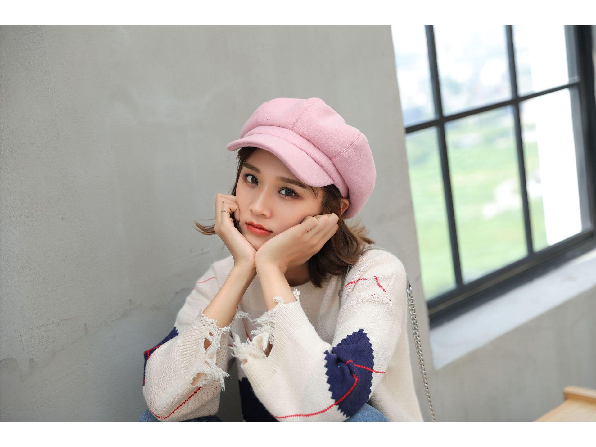 

Восьмиугольный берет из ретро-шерсти в корейском стиле - Тепло осенью и зимой One Size розовый