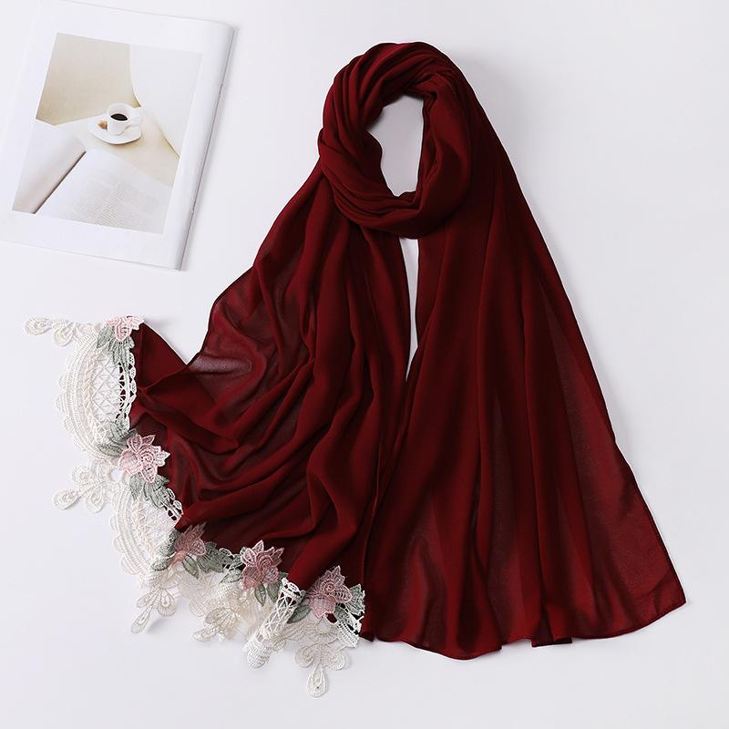 New Premium Pearl Chiffon Hijab Long Shawl Embroidered Lace Floral Muslim Women Wrap Headscarf 70X175Cm Abaya Islam Turban Femme
