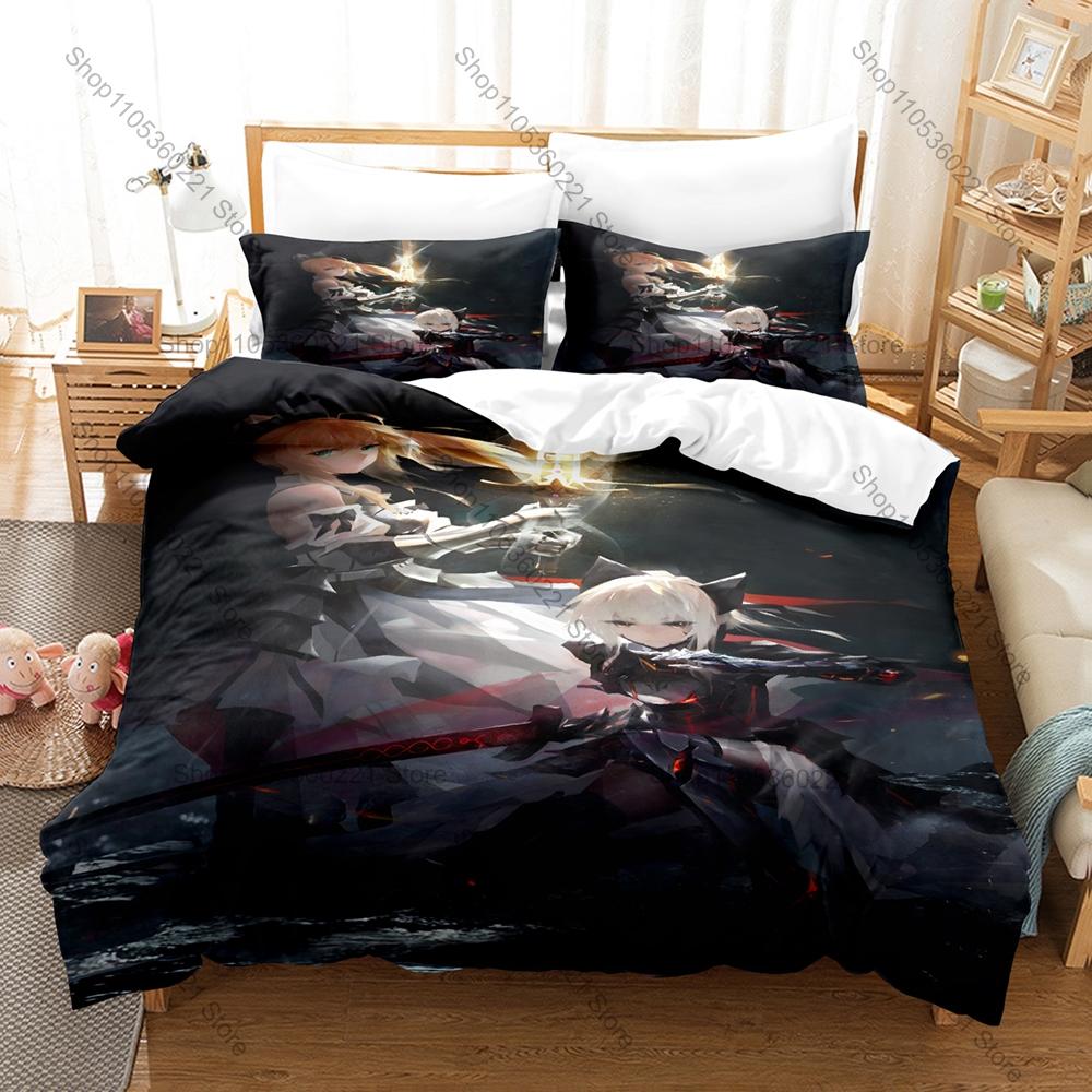 Cool Fate Series Saber Artoria Excalibur Knight HD Print Bedding Set Duvet Cover + 2 Pillowcases Polyester Anime Room Decor