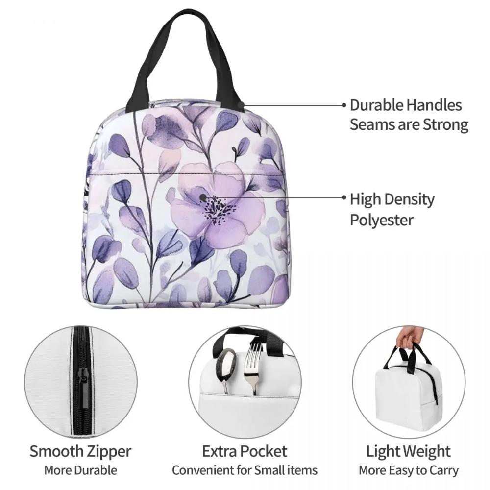 Light Purple Floral Pattern Insulated Lunch Bag for Women Children Portable Food Boxes Thermal Lunch Box Tote