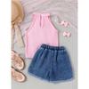 Children's Fashion Set: Summer Girls' Pink Floral Tank Top + Vintage-Style Jeans Two-Piece Set