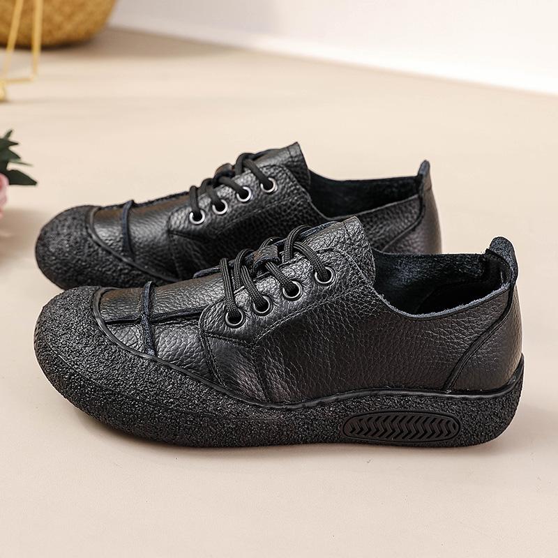 Fashion New Retro Anti Collision Oxfords Flats Women's Genuine Leather Walking Shoes Woman Laced Up Non Slip Soft Casual Moccasins Nurse