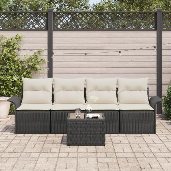 Ensemble de Canapé de Jardin 5 pièces avec Coussins Rattan Poly Noir, Canapé de Jardin 2 places avec Rangement et Coussins 3353896