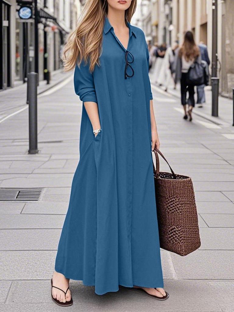 Women's Long Sleeve Shirt Dress Loose Fit Casual Long Length Shirt Dress with Collar and Side Pockets Suitable for Daily Wear