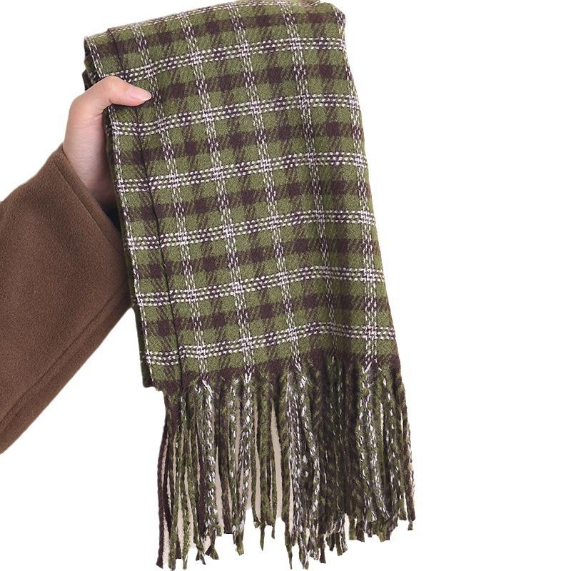 Ins Retro Green Plaid Cashmere Scarf Women'S Christmas Gift Warm Versatile Scarf Men