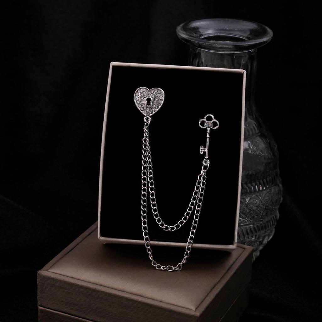 Men's Double-Layer Tassel Chain Crown Brooch with Rhinestones