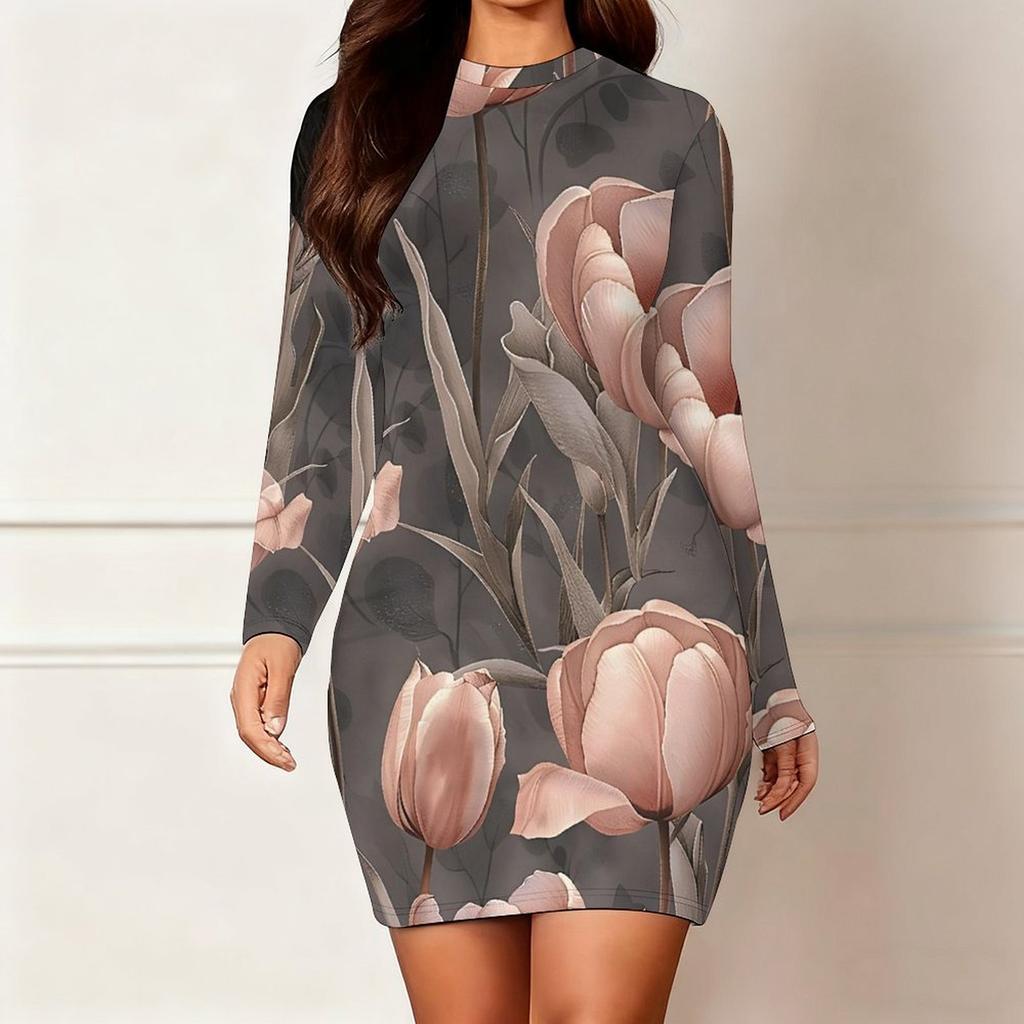 2025 Outono e Inverno Novo Estampa Floral 3D e Tingimento Moda Feminina Manga Longa Gola Redonda Vestido Envolvente de Quadril Dia dos Namorados Limitado