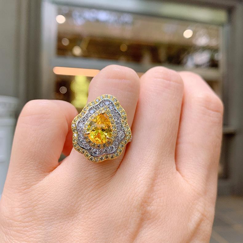 New Pink Ring With Micro Inlaid Pear Shaped Colored Jewelry Retro Exaggerated Zircon Female