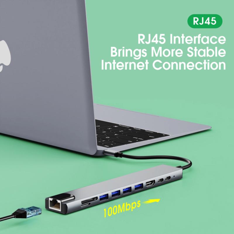 10v 1 USB C Hub adaptér, s Ethernetem kompatibilní s Hdmi 4k 100w napájení 4 porty USB-a