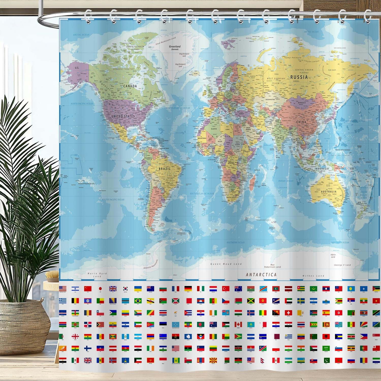 World Map Shower Curtain, Funny World Map National Educational Shower Curtain Set, Kids Boys Girls Geography Fabric Shower Curtain for Bathroom with 60 W x 72 L (Pack of 1) синий