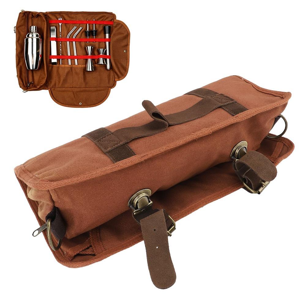Canvas Leather Bartender Tool Bag Multiple Storage Compartments Roll-Up Design Travel Bartender Kit Bag Adjustable Strap