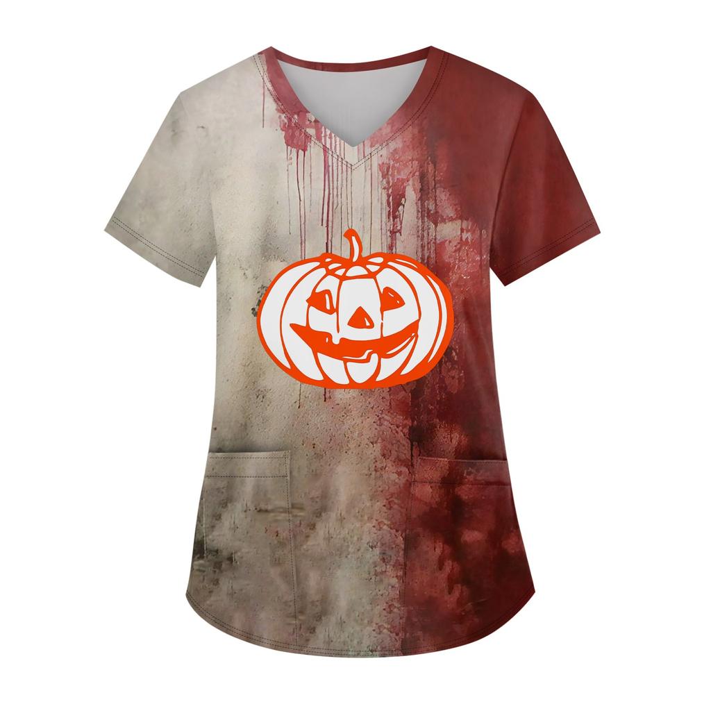 Modische Arbeitskleidung für Damen mit V-Ausschnitt, kurzen Ärmeln und bedruckten Taschen