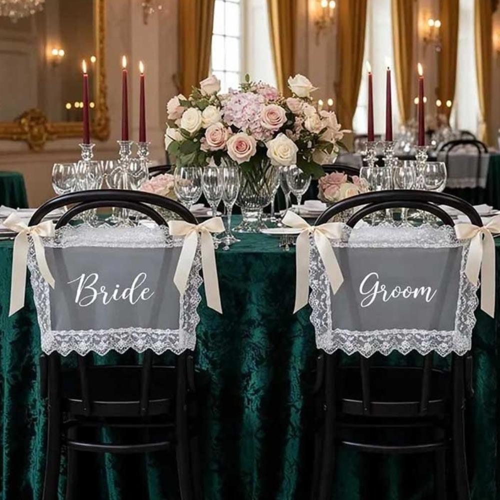 2PCS French Romantic Wedding Chair Back Lace Cover Reusable Creative Strap Chair Cover Multi Purpose Wedding Chair Decoration