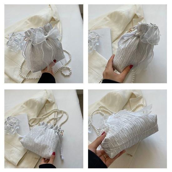 Women Single Shoulder Bag with Detachable Faux Pearl Chain Large Capacity Drawstring Handbag Purse Tulle Bowknot Crossbody Pouch