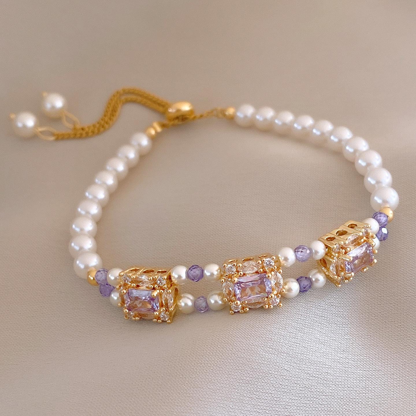 French square zircon pendant, pull-out pearl bracelet, bracelet, simple temperament, jewelry, jewelry.