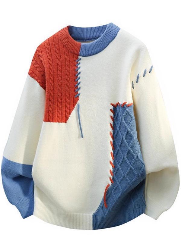 A/W 2025 Color Block Knit Sweater - Casual Couple's Round Neck Top