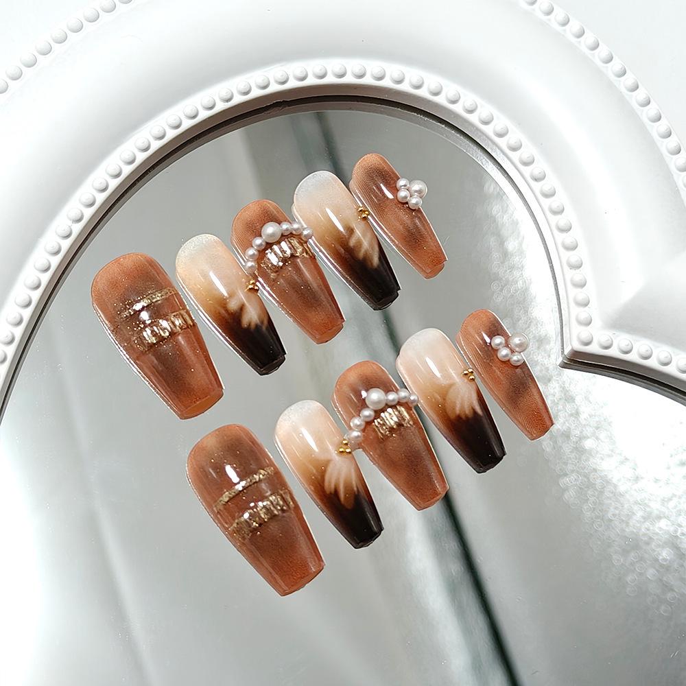 Meilade Autumn/Winter Brown Tones Handmade Wearable Nail Tips Stickers XS - Handmade Wearable Nails