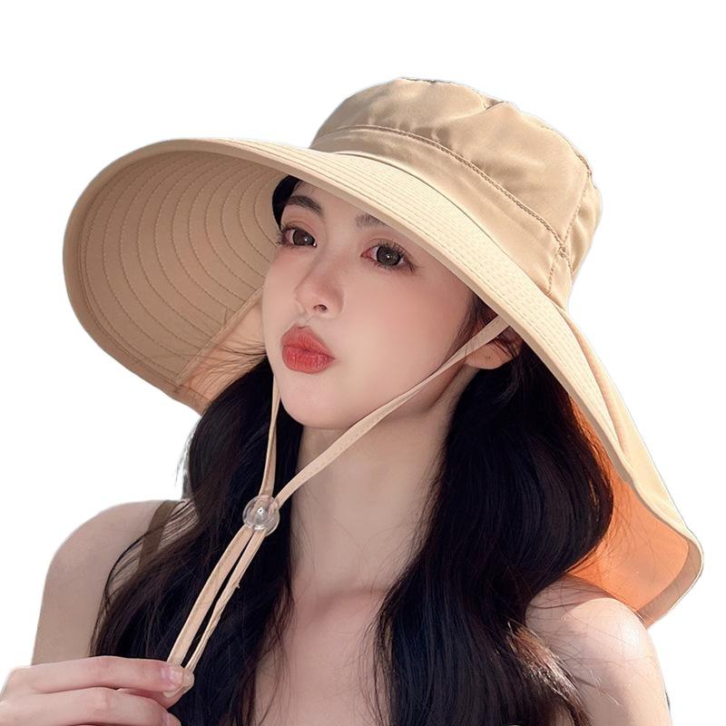 Summer Outdoor Sunscreen Sun Hat with Ponytail Hole Hat Female Korean Version Fashion Big Eaves Shawl Bucket Hat Tide
