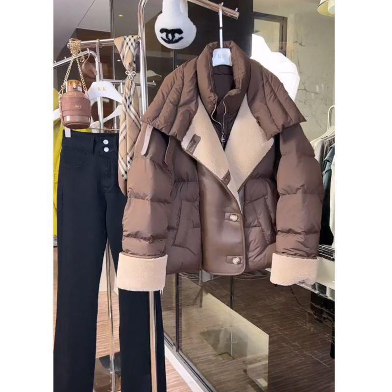 Women's Winter 2024 Brown Short Down Jacket - High-End, Trendy Lapel Style