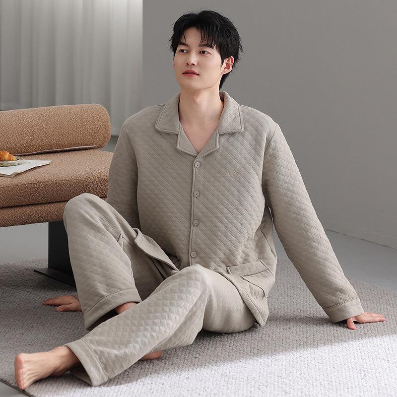 Autumn And Winter Pajamas Men'S Thickened Pure Cotton Interlayer Air Cotton Warm Large Size Loungewear Set