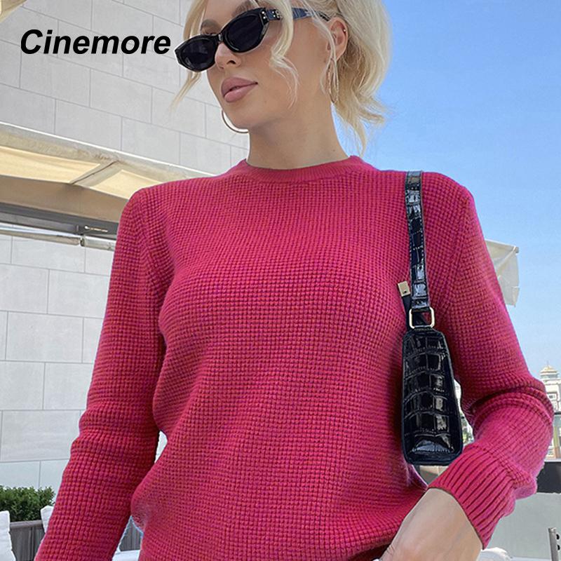 Cinemore Wiosna Jesień Damski Sweter Jednolity Oversize Casualowe Pulowery Ciepły Podstawowy Top z Długim Rękawem Okrągły Dekolt Dzianinowy Sweter Sweter