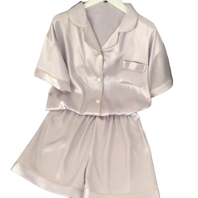 Japanese Ice Silk Short-Sleeved Pajamas Women'S Solid Color Fresh Casual And Comfortable Loungewear Set