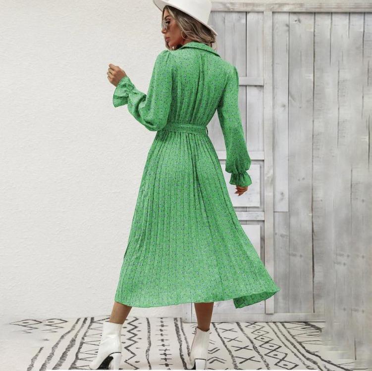 Women Autumn Winter Casual Long Sleeve V-neck Floral Print A-Line High Waist Ankle Length Dress