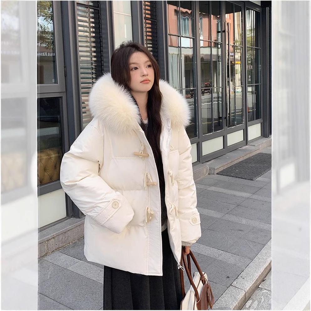 Women's Autumn and Winter Coat Solid Color Horn Button Hooded Fur Collar Loose Thickened Windproof Women's Jacket