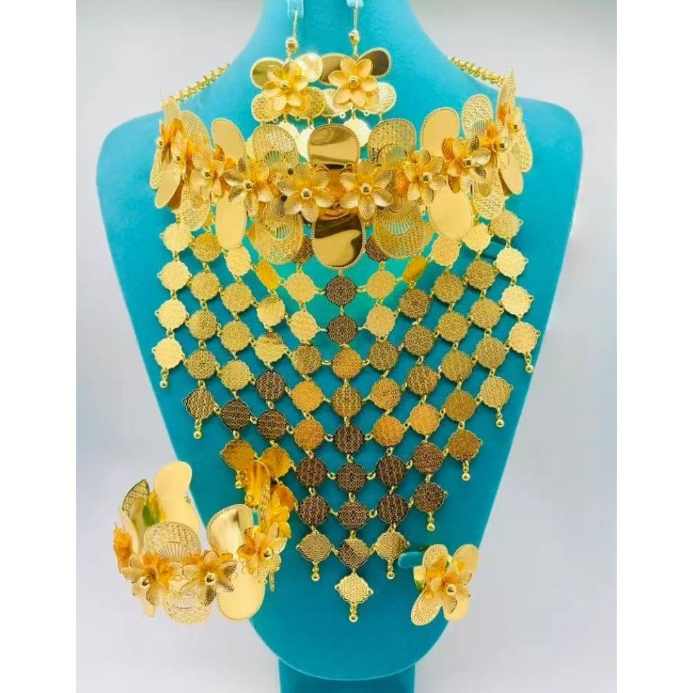 Arab Dubai Gold Plated Jewelry Tassel Necklace Earrings Set Kenyan Ethnic Style African Wedding Jewelry Women