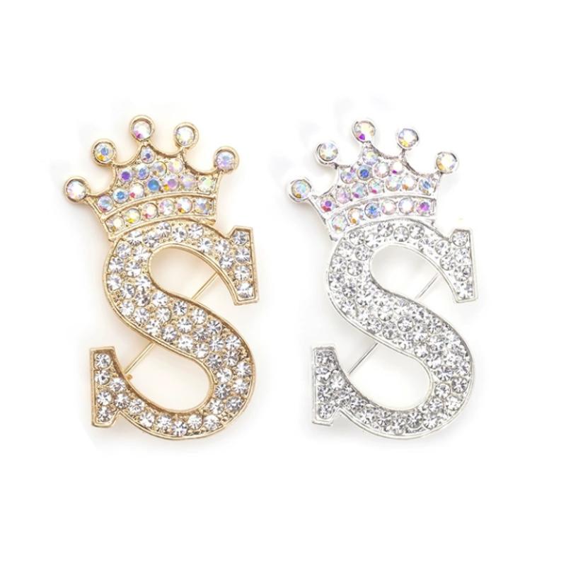 Fashion Crown 26 Initial Letters A To Z Rhinestone Brooches For Women Coat Dress Lapel Collar Pin Jewelry Accessries