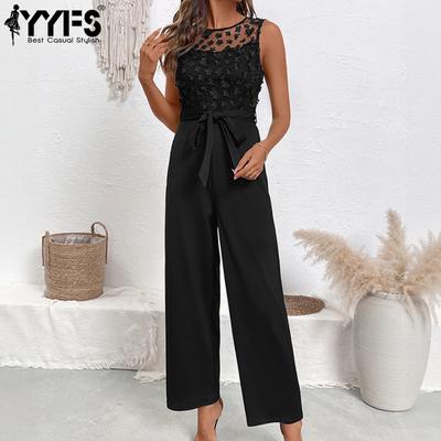 Moda feminina casual verão primavera cor sólida estampa sem mangas gola redonda cintura alta calças macacões e macacões