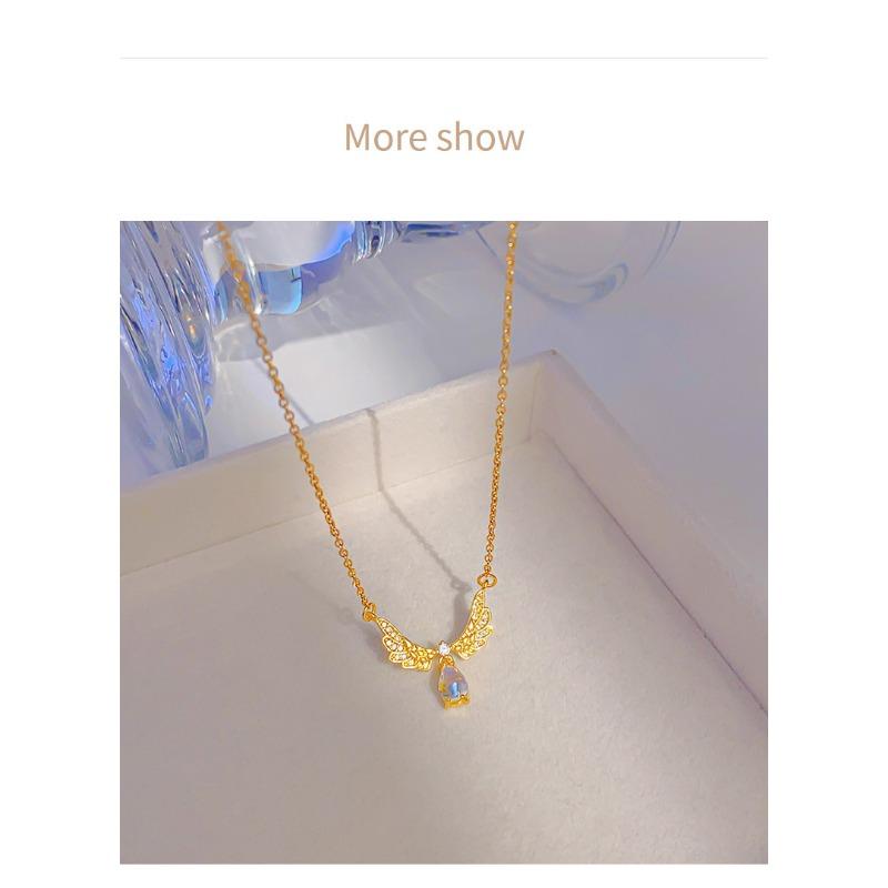 Women Light Luxury Minimalist Angel Wing Moonstone Drop Pendant Titanium Steel Clavicle Necklace