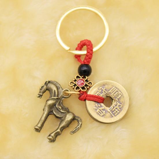 Retro Copper Keychain Pendant with Five Emperors Money Feng Shui Twelve Animal Charm Good Fortune Red Rope Key Chain Bag Car Accessory