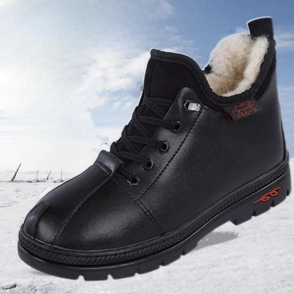 Rindsleder Plus Samt Verdickt Winter Kältefest Pelzintegriert Lässig Wasserdicht Rutschfest Weichsohlige Lederschuhe