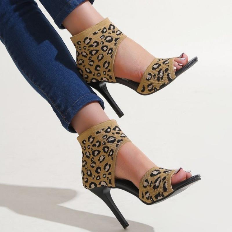 Flyweave High Heel Fish Mouth Sandals Women's Leopard Print Pointed Toe Open Toe Sexy Plus Size Shoes