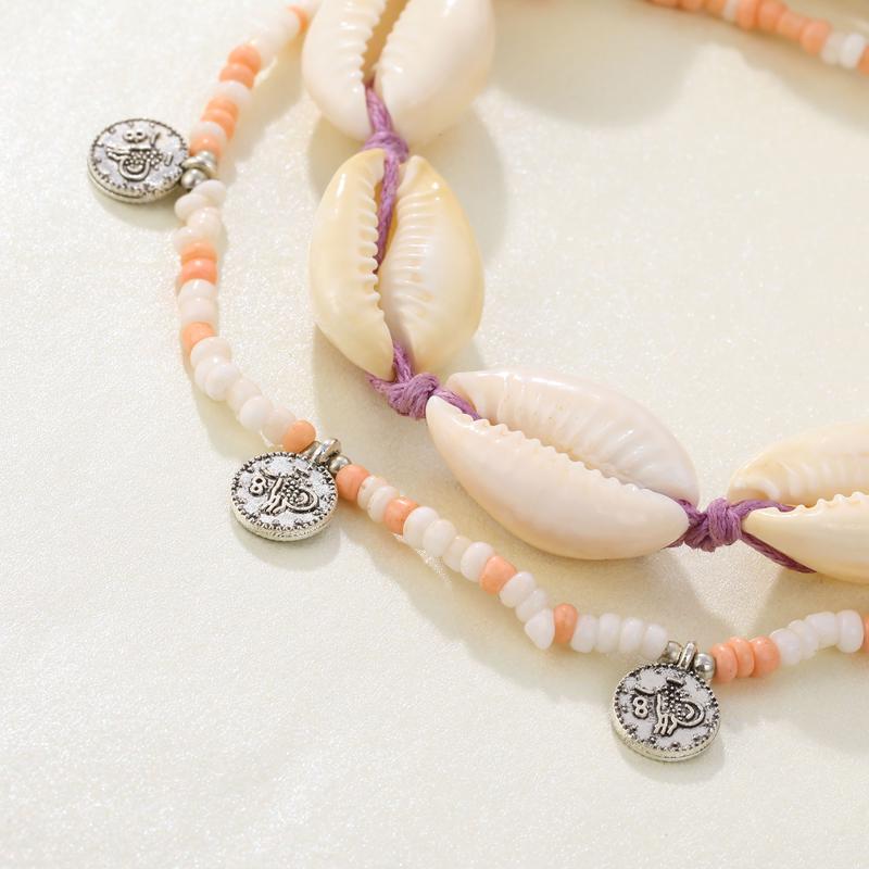 2 Pcs/set Simple Colorful Beads Acrylic Shell Cotton Rope Anklet Set Women Fashion Jewelry Gift