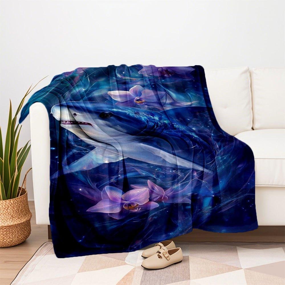 "Enchanted Ocean: Mystical Shark Art Print"Blanket Flannel Throw Blanket for Sofa, Bed, Travel, Camping, Office, Couch, Chair, And Bed Gift
