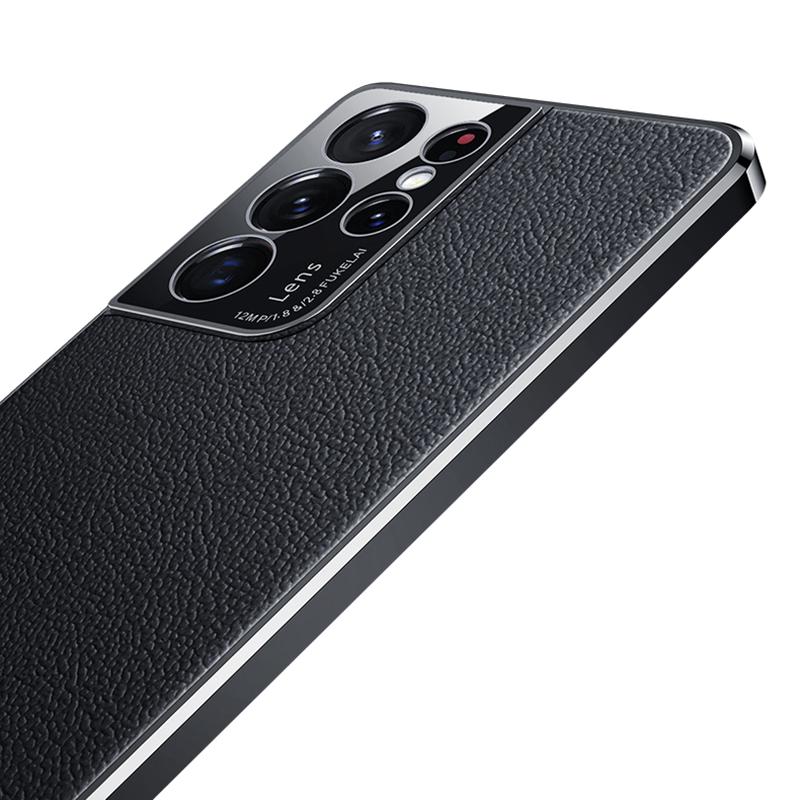 For Samsung Galaxy S23 Ultra Shockproof Phone Cover Camera Protection Genuine Leather Coated PC Electroplating Back Case