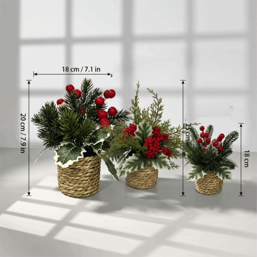 Red Berry Faux Holly Pine Cone Ornament Woven Basket Christmas Mini Potted Plant Home Decor