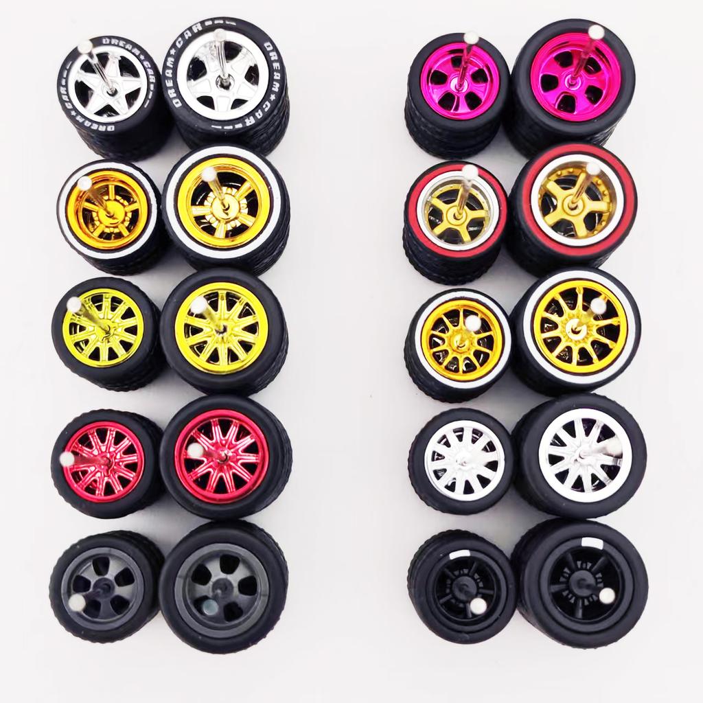 10 Sets 10.8mm 12.8mm 1/64 Alloy Car Staggered Wheels Front Small Rear Large Wheel Progressive Drag Tires Advan for Hot Wheel