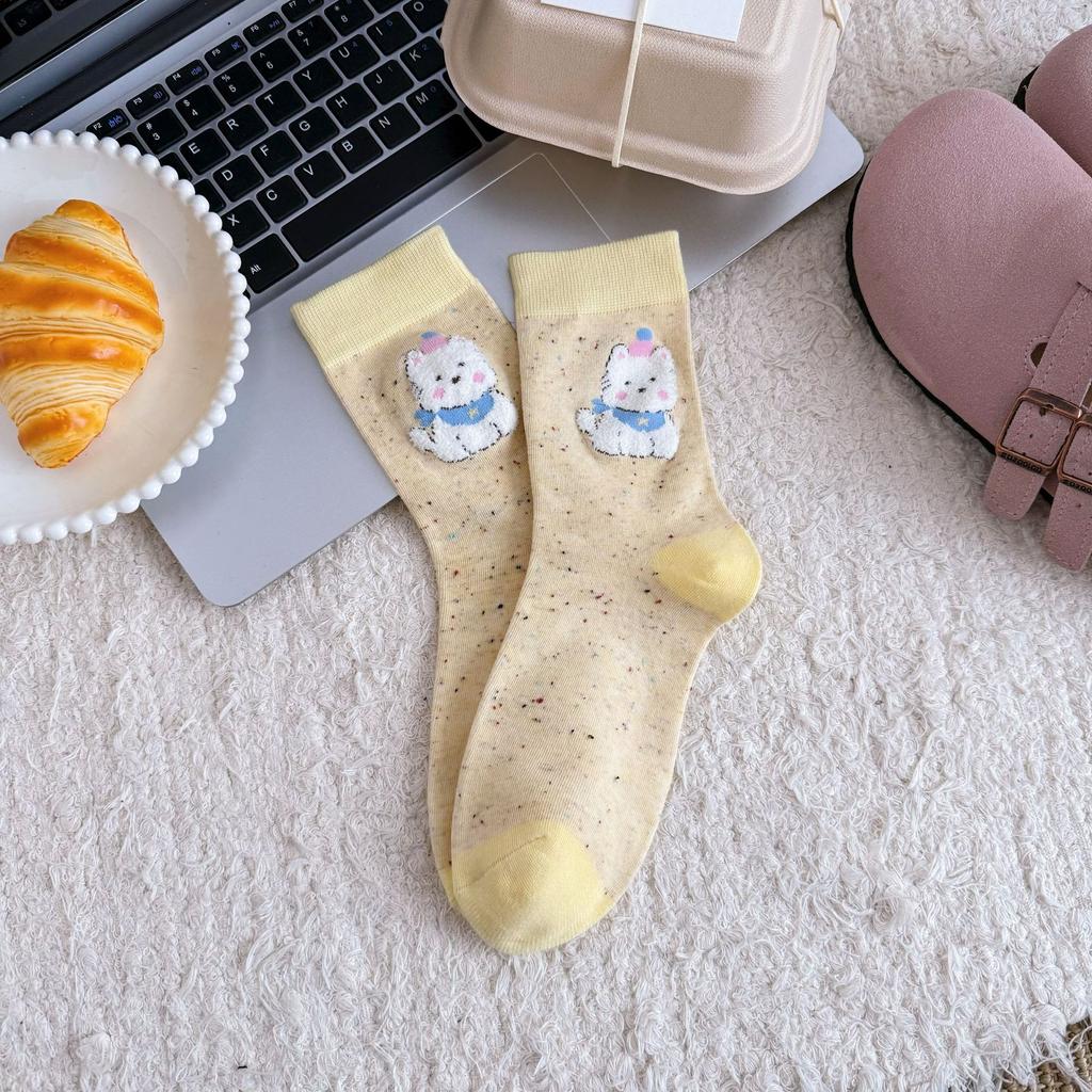 Calcetines tridimensionales de oso de dibujos animados lindo sin costuras, calcetines de media caña contrastantes flocado, calcetines de gasa de puntos para primavera y otoño, calcetines de algodón apilados