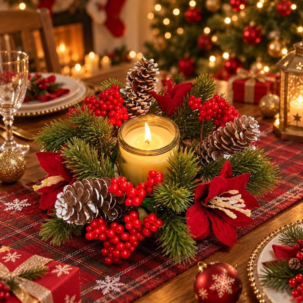 Pinecone Artificial Wreath Candle Rings Red Berry Wreath Candle Holder  Table Decor