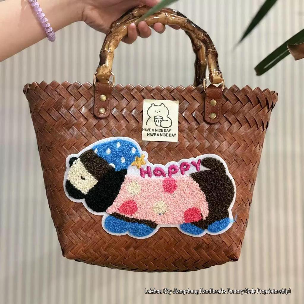 Elegant Handmade Bamboo Woven Tote – Stylish Rattan-Style Beach & Makeup Bag